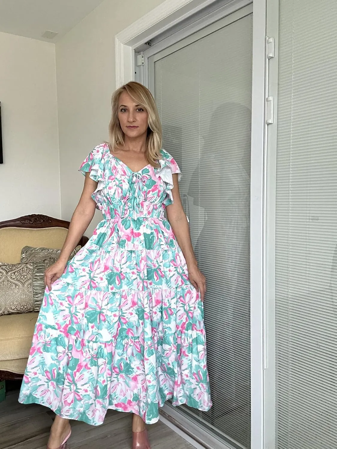 GRACE KARIN Womens 2025 Floral Summer V-Neck Ruffle Sleeve Empire Waist A-Line Casual Maxi Tiered Dress with Pockets