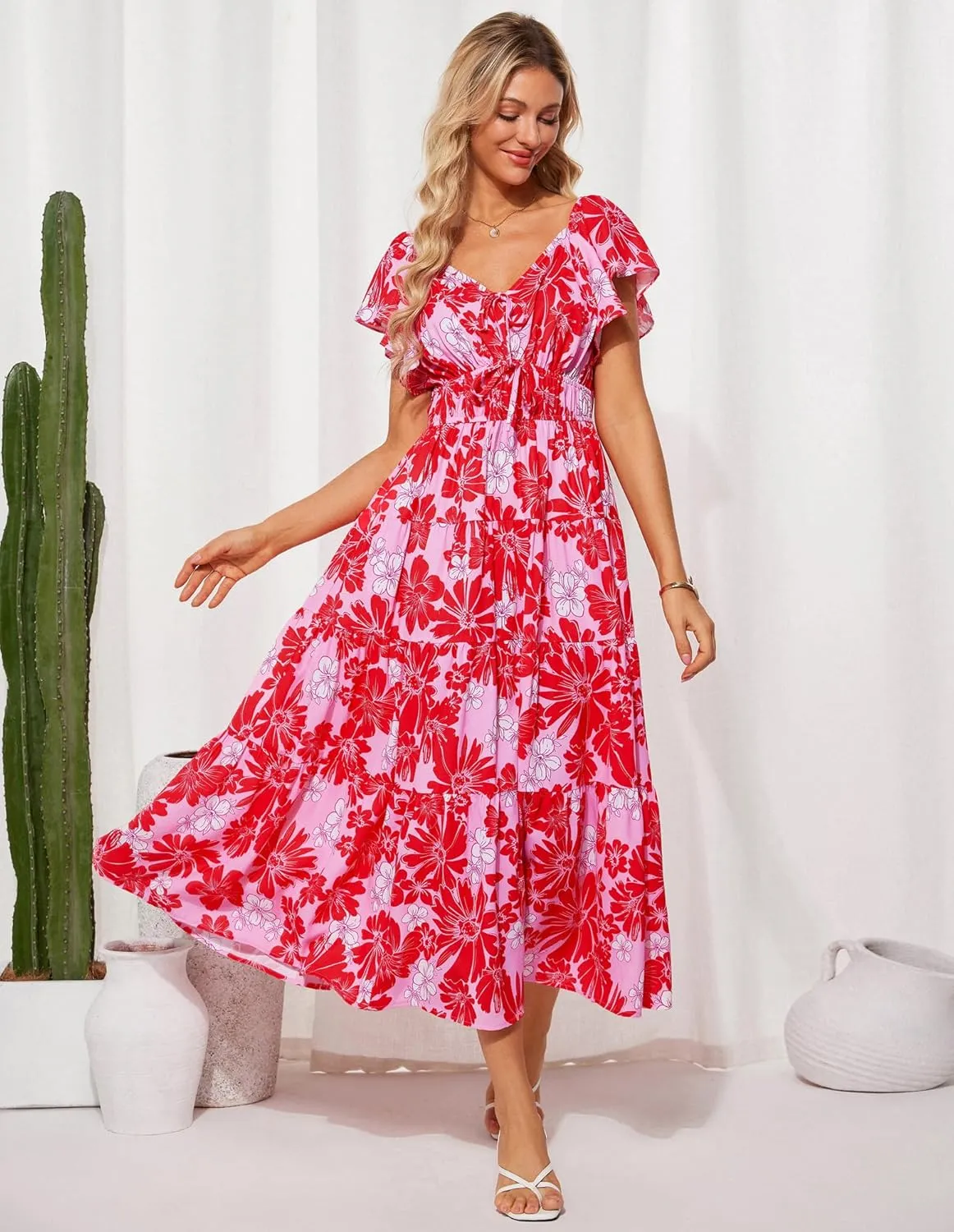 GRACE KARIN Womens 2025 Floral Summer V-Neck Ruffle Sleeve Empire Waist A-Line Casual Maxi Tiered Dress with Pockets