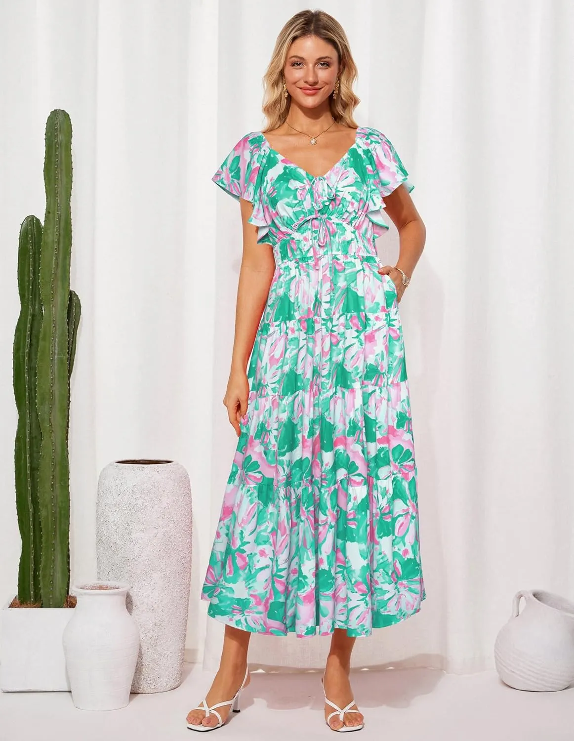 GRACE KARIN Womens 2025 Floral Summer V-Neck Ruffle Sleeve Empire Waist A-Line Casual Maxi Tiered Dress with Pockets