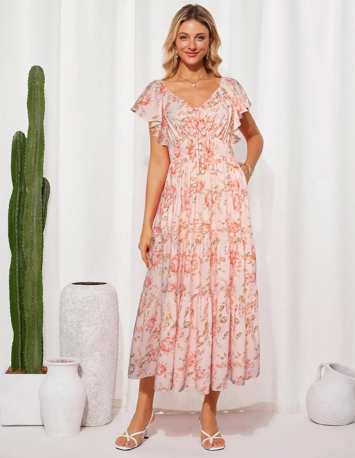 GRACE KARIN Womens 2025 Floral Summer V-Neck Ruffle Sleeve Empire Waist A-Line Casual Maxi Tiered Dress with Pockets