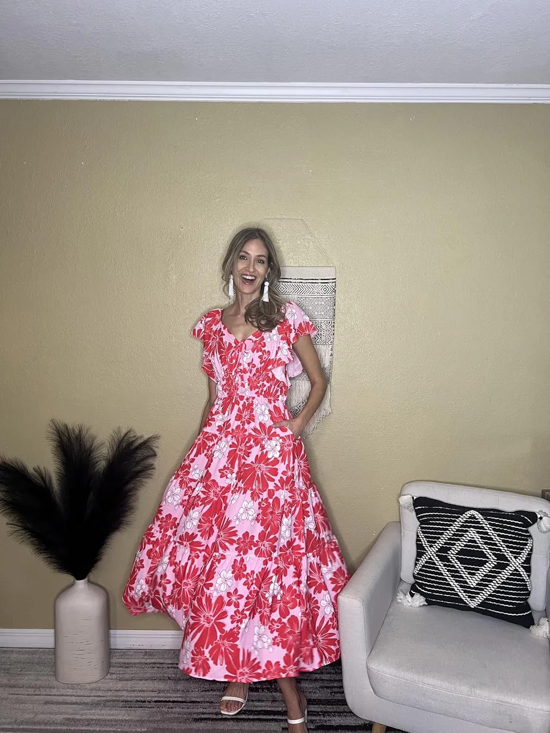 GRACE KARIN Womens 2025 Floral Summer V-Neck Ruffle Sleeve Empire Waist A-Line Casual Maxi Tiered Dress with Pockets