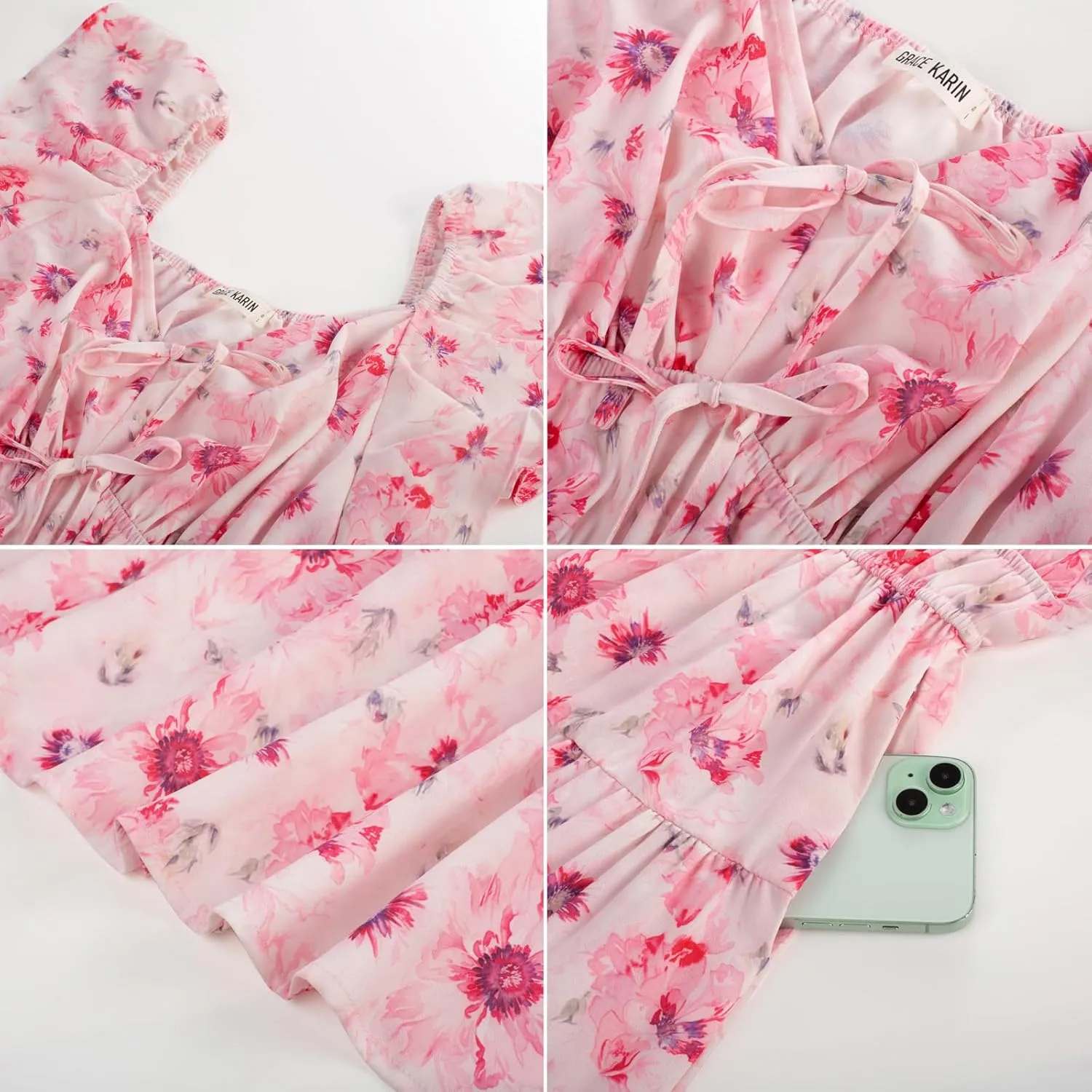 GRACE KARIN Womens 2025 Floral Summer V-Neck Ruffle Sleeve Empire Waist A-Line Casual Maxi Tiered Dress with Pockets