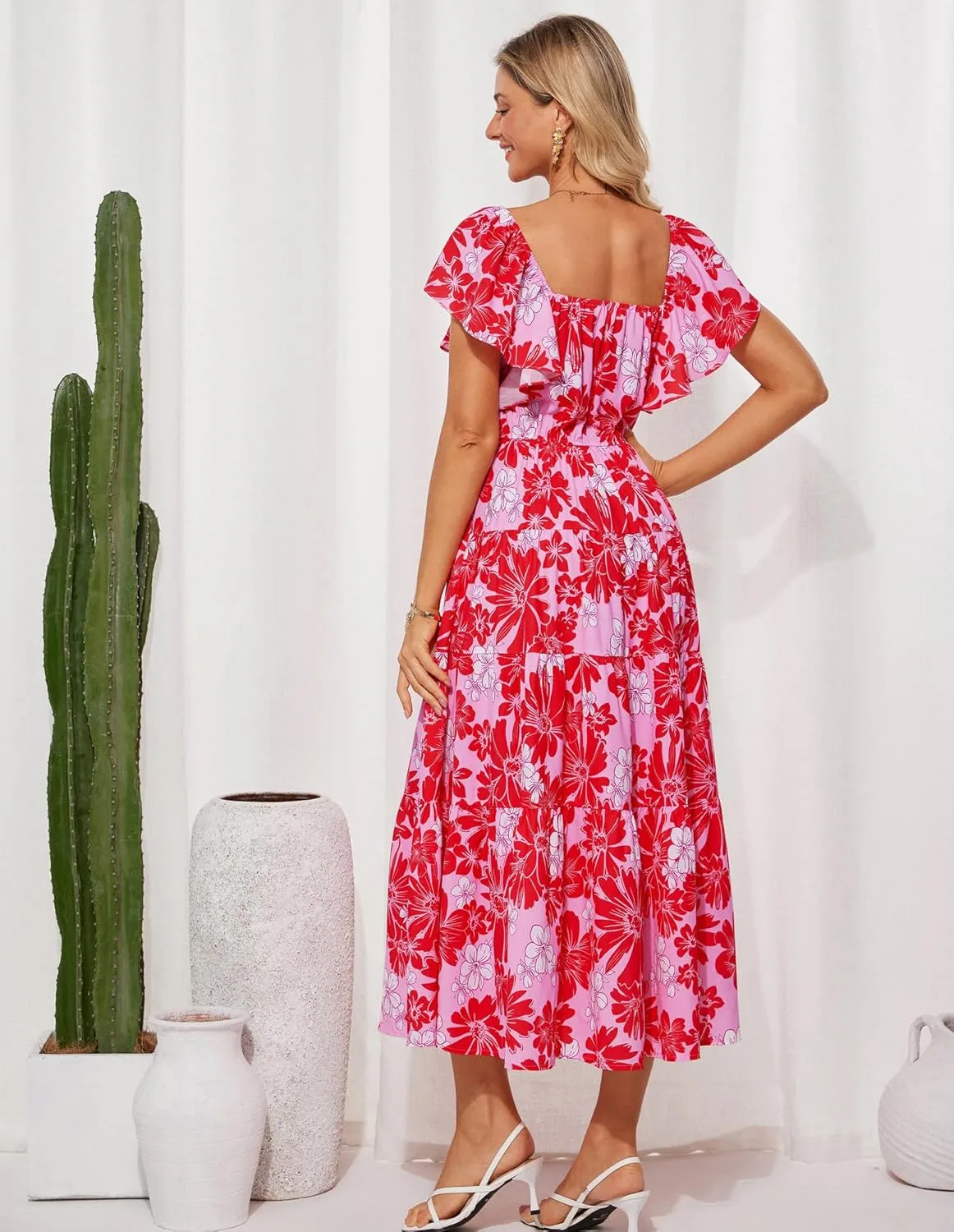 GRACE KARIN Womens 2025 Floral Summer V-Neck Ruffle Sleeve Empire Waist A-Line Casual Maxi Tiered Dress with Pockets