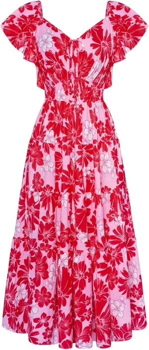 GRACE KARIN Womens 2025 Floral Summer V-Neck Ruffle Sleeve Empire Waist A-Line Casual Maxi Tiered Dress with Pockets