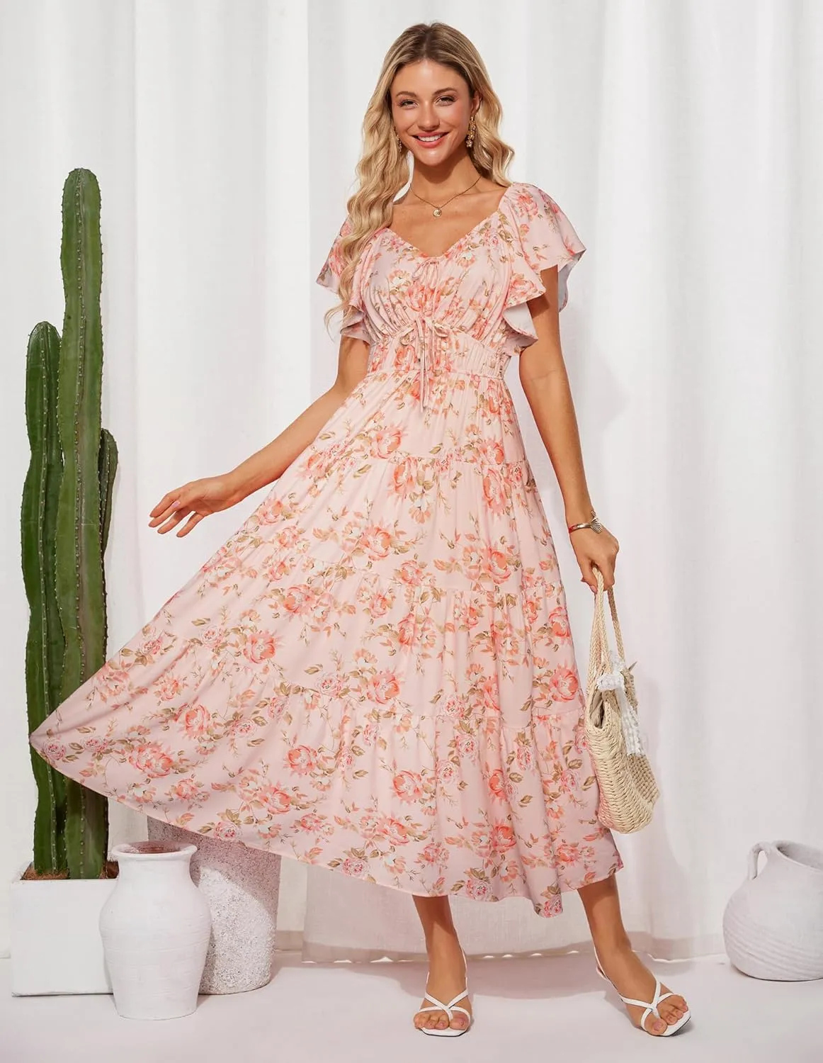 GRACE KARIN Womens 2025 Floral Summer V-Neck Ruffle Sleeve Empire Waist A-Line Casual Maxi Tiered Dress with Pockets