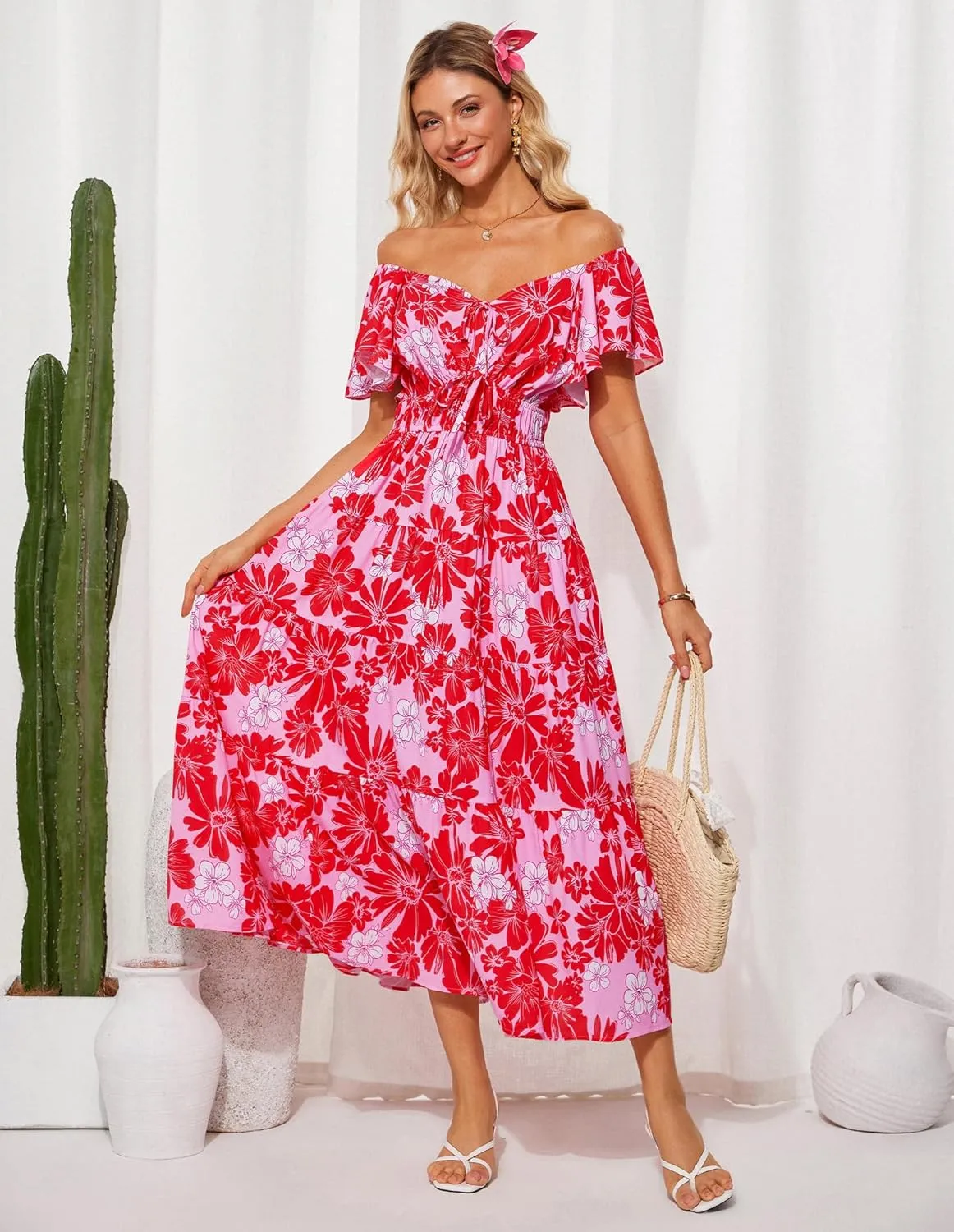 GRACE KARIN Womens 2025 Floral Summer V-Neck Ruffle Sleeve Empire Waist A-Line Casual Maxi Tiered Dress with Pockets