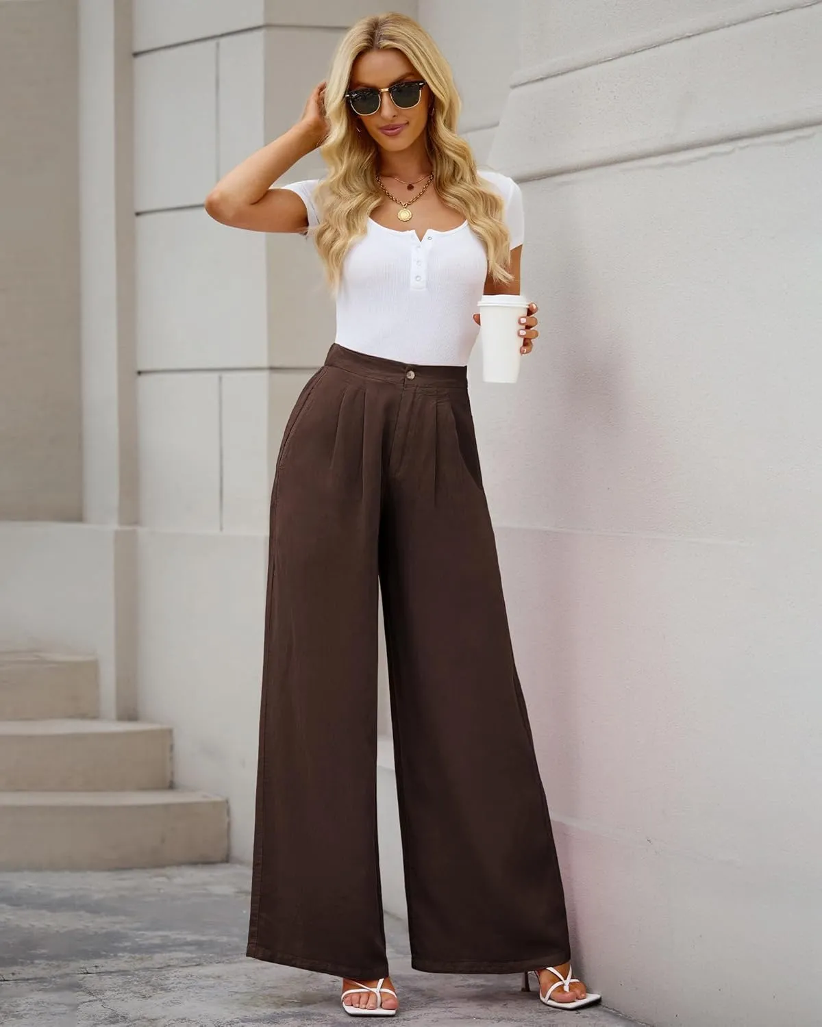 GRAPENT Wide Leg Pants for Women High Waisted Jeans Palazzo Pants Lightweight Summer Beach Flowy Trousers Y2K