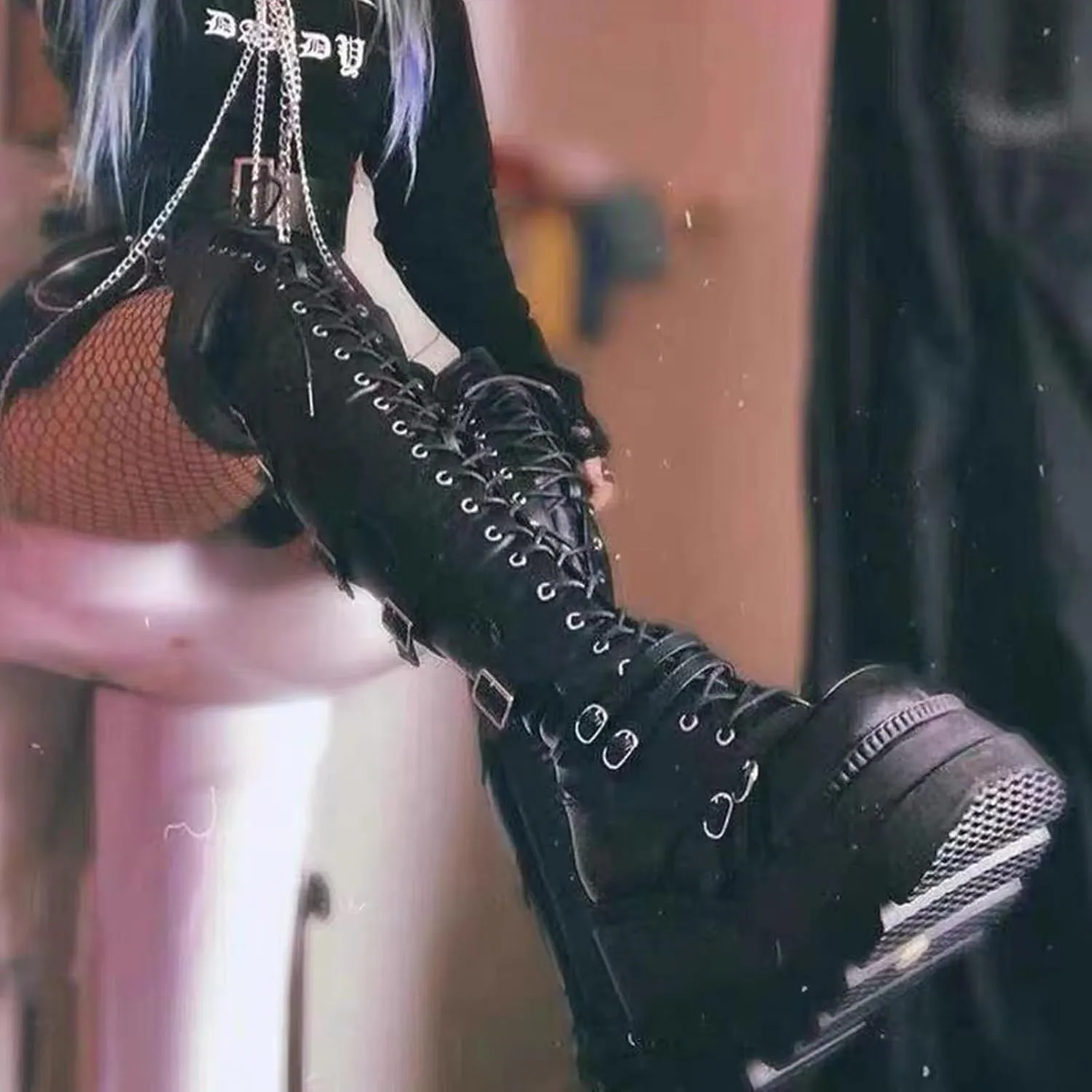 GUNIYIFS Over the Knee Boots for Women - Goth Punk Thigh High Motorcycle Boots with Buckles and Side Lace
