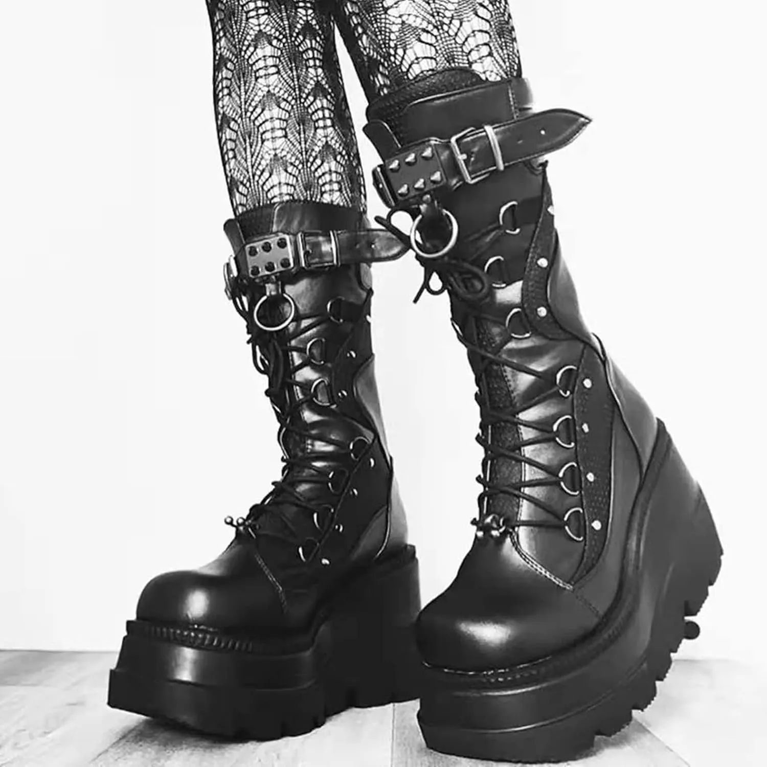 GUNIYIFS Women's Combat Boots High Chunky Platform Punk Gothic Boots Lace Up Round Toe Mid Calf Boots Wedges Motorcycle Boots