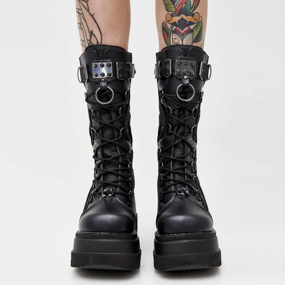 GUNIYIFS Women's Combat Boots High Chunky Platform Punk Gothic Boots Lace Up Round Toe Mid Calf Boots Wedges Motorcycle Boots
