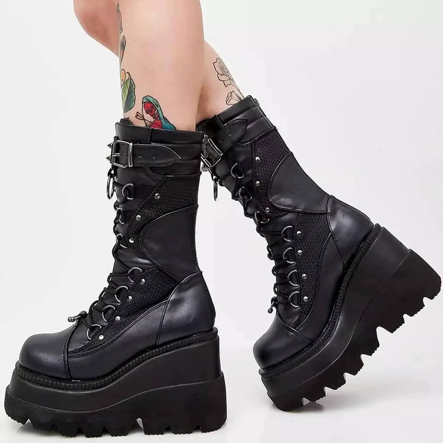 GUNIYIFS Women's Combat Boots High Chunky Platform Punk Gothic Boots Lace Up Round Toe Mid Calf Boots Wedges Motorcycle Boots