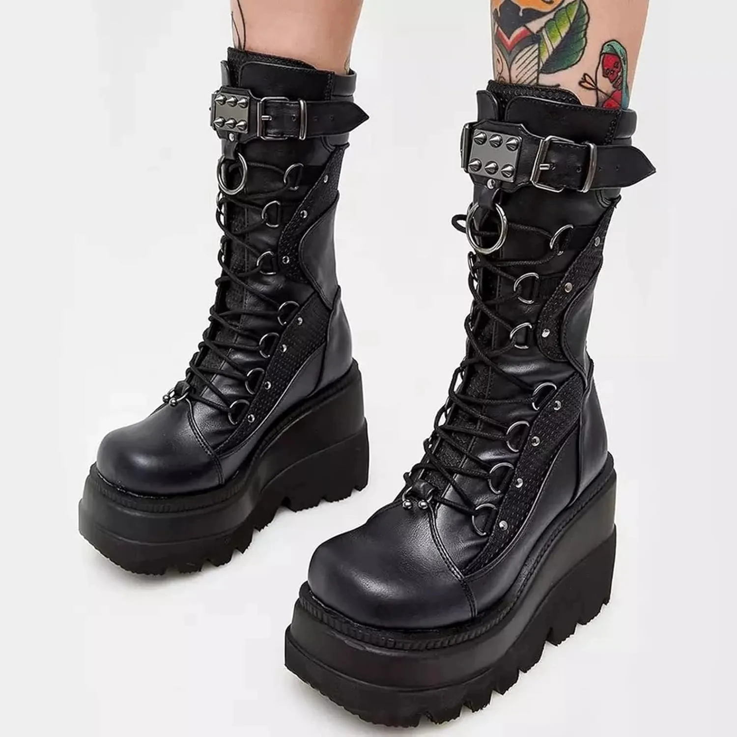 GUNIYIFS Women's Combat Boots High Chunky Platform Punk Gothic Boots Lace Up Round Toe Mid Calf Boots Wedges Motorcycle Boots