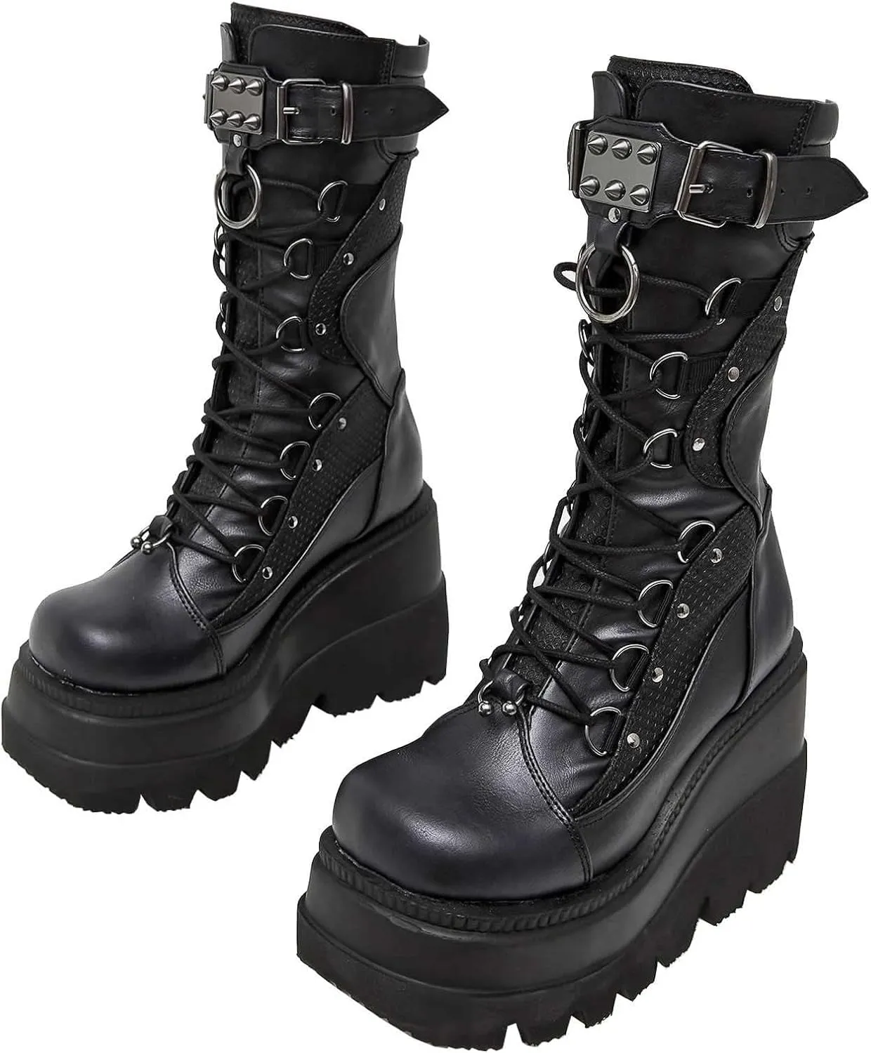 GUNIYIFS Women's Combat Boots High Chunky Platform Punk Gothic Boots Lace Up Round Toe Mid Calf Boots Wedges Motorcycle Boots