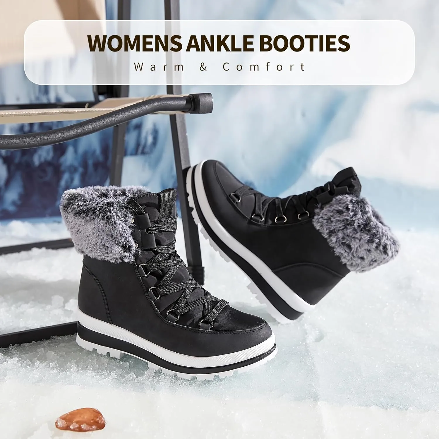 hash bubbie Women's Fuzzy Mid-Calf Boots Lace up Snow Boots for women Non Slip Combat Boots Black Winter Boots White Combat Boots(Waterproof,Zipper)