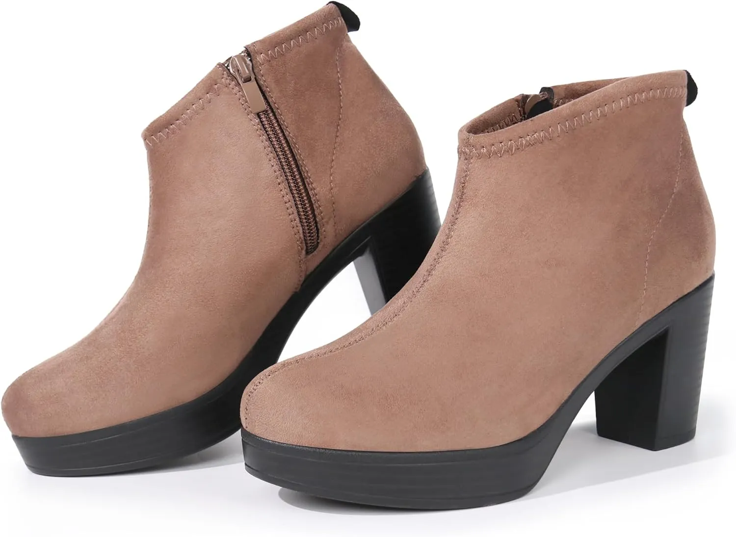 Hawkwell Women's Suede Arch Support Side Zipper Comfort Ankle Boot Chunky Block Heel Booties