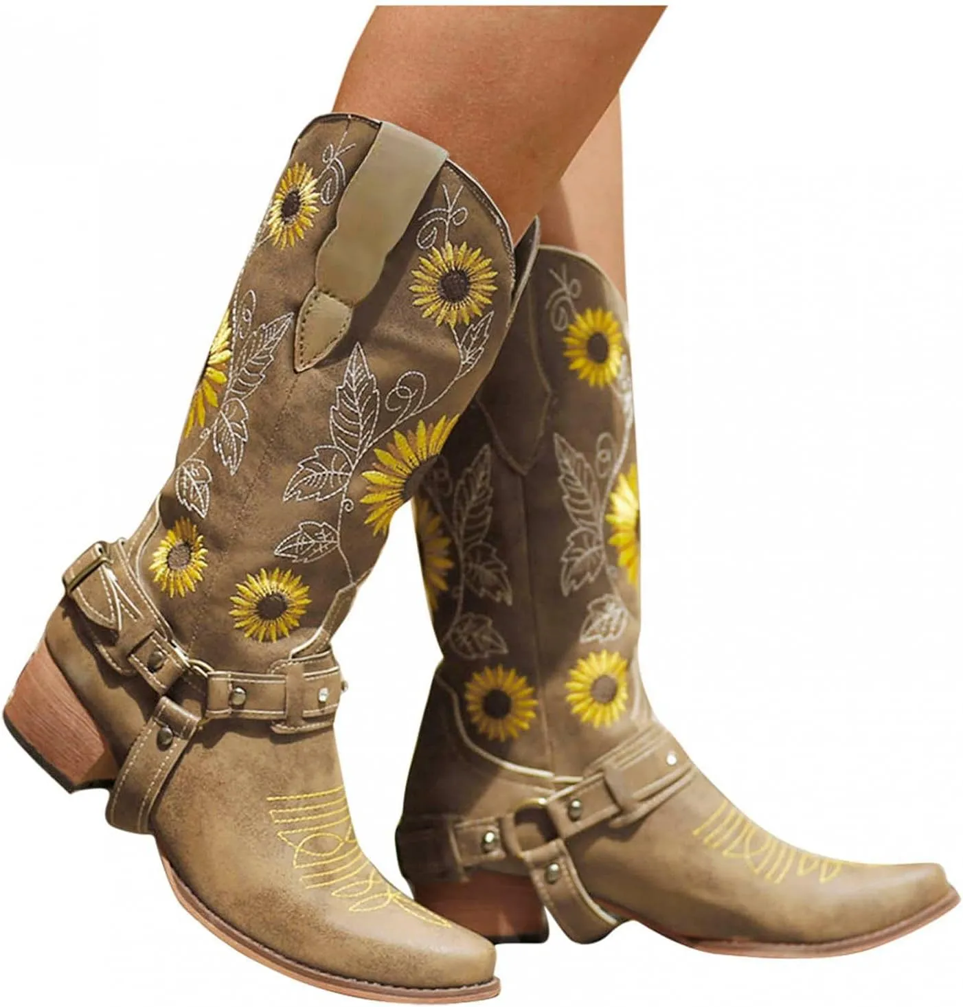 Hbeylia Sunflower Western Cowboy Boots For Women Flower Embroidered Ethnic Boho Vintage Leather Pointed Toe Chunky Block Mid Heels Wide Mid Calf Cowgirls Boots Retro Hawaii Slip On Dress Short Boots