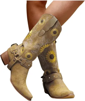 Hbeylia Sunflower Western Cowboy Boots For Women Flower Embroidered Ethnic Boho Vintage Leather Pointed Toe Chunky Block Mid Heels Wide Mid Calf Cowgirls Boots Retro Hawaii Slip On Dress Short Boots