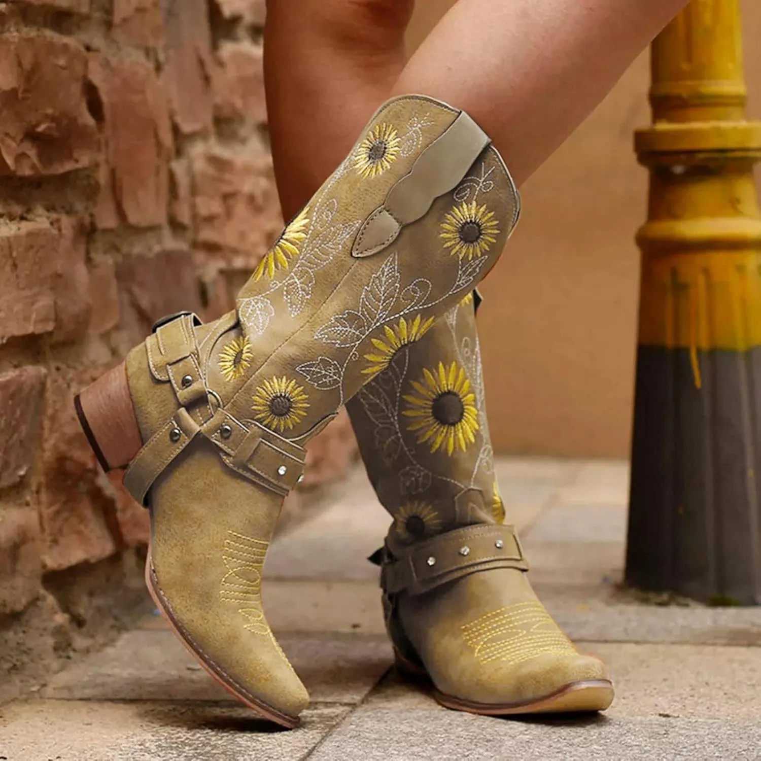 Hbeylia Sunflower Western Cowboy Boots For Women Flower Embroidered Ethnic Boho Vintage Leather Pointed Toe Chunky Block Mid Heels Wide Mid Calf Cowgirls Boots Retro Hawaii Slip On Dress Short Boots