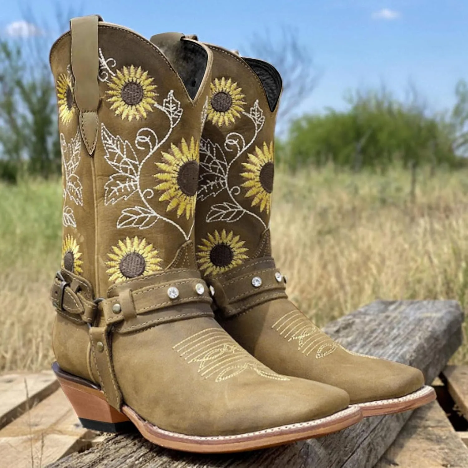 Hbeylia Sunflower Western Cowboy Boots For Women Flower Embroidered Ethnic Boho Vintage Leather Pointed Toe Chunky Block Mid Heels Wide Mid Calf Cowgirls Boots Retro Hawaii Slip On Dress Short Boots