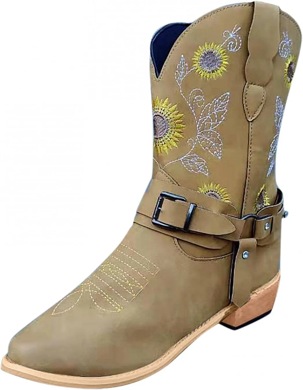 Hbeylia Sunflower Western Cowboy Boots For Women Flower Embroidered Ethnic Boho Vintage Leather Pointed Toe Chunky Block Mid Heels Wide Mid Calf Cowgirls Boots Retro Hawaii Slip On Dress Short Boots