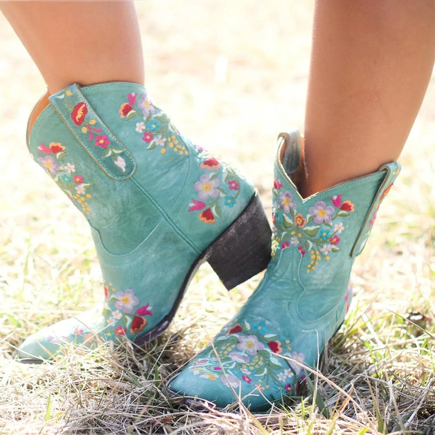 Hbeylia Vintage Ethnic Cowboys Boots For Women Boho Retro Flower Embroidered Pointed Toe Leather Western Cowgirls Boots Bohemian Chunky Mid Heels Wide Mid Calf Booties For Ladies Dress