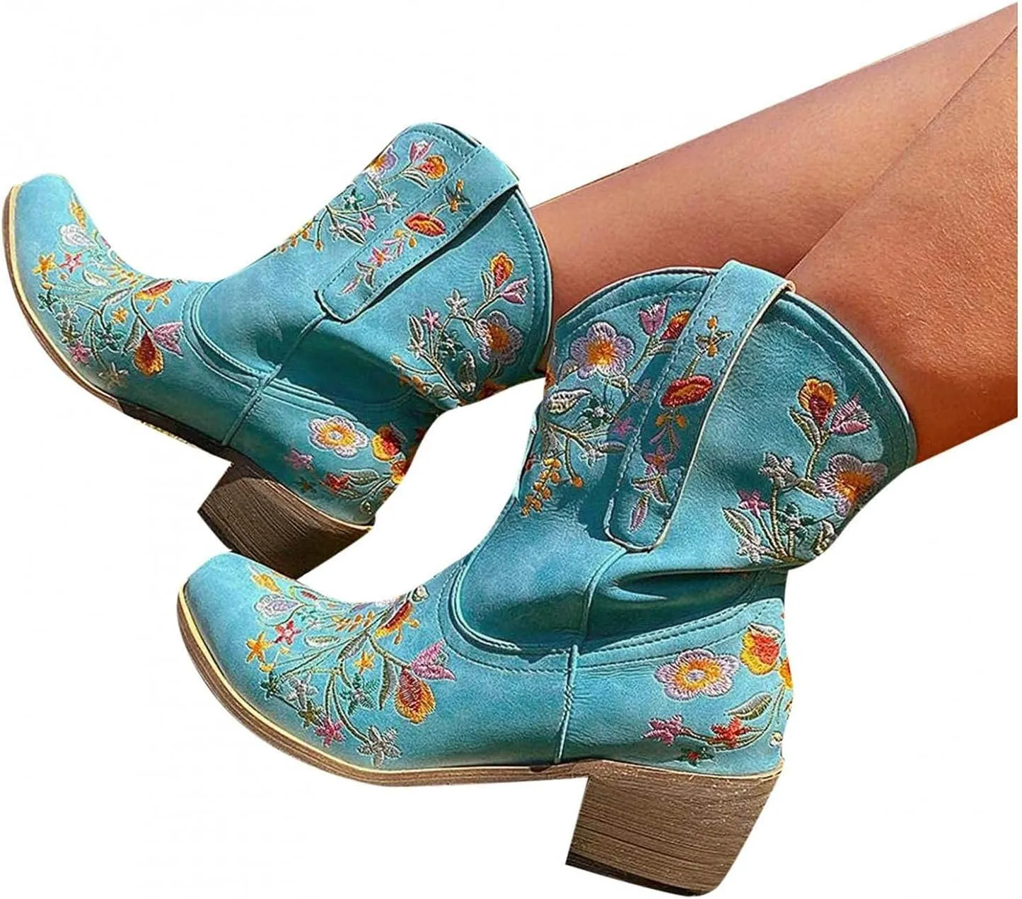 Hbeylia Vintage Ethnic Cowboys Boots For Women Boho Retro Flower Embroidered Pointed Toe Leather Western Cowgirls Boots Bohemian Chunky Mid Heels Wide Mid Calf Booties For Ladies Dress