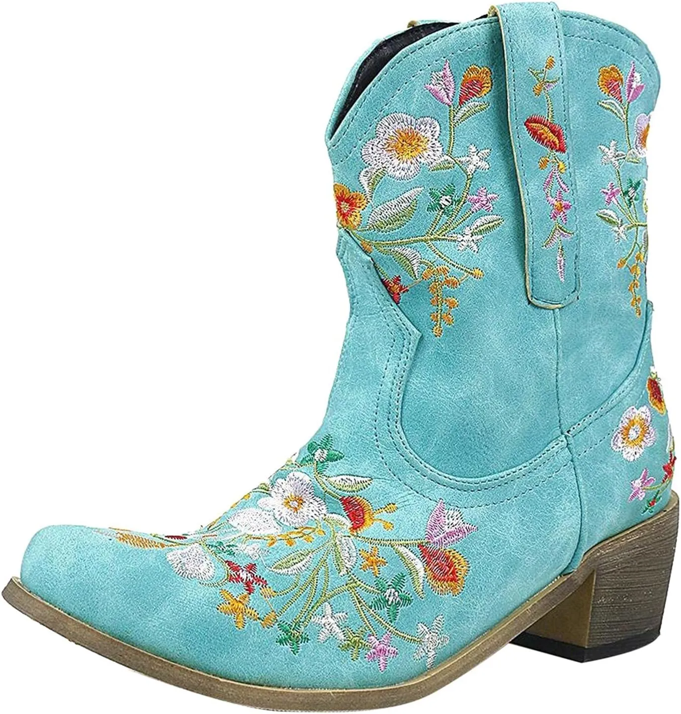 Hbeylia Vintage Ethnic Cowboys Boots For Women Boho Retro Flower Embroidered Pointed Toe Leather Western Cowgirls Boots Bohemian Chunky Mid Heels Wide Mid Calf Booties For Ladies Dress