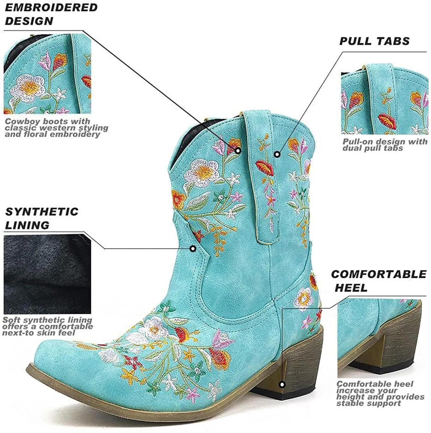 Hbeylia Vintage Ethnic Cowboys Boots For Women Boho Retro Flower Embroidered Pointed Toe Leather Western Cowgirls Boots Bohemian Chunky Mid Heels Wide Mid Calf Booties For Ladies Dress