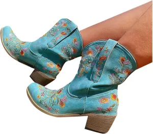 Hbeylia Vintage Ethnic Cowboys Boots For Women Boho Retro Flower Embroidered Pointed Toe Leather Western Cowgirls Boots Bohemian Chunky Mid Heels Wide Mid Calf Booties For Ladies Dress