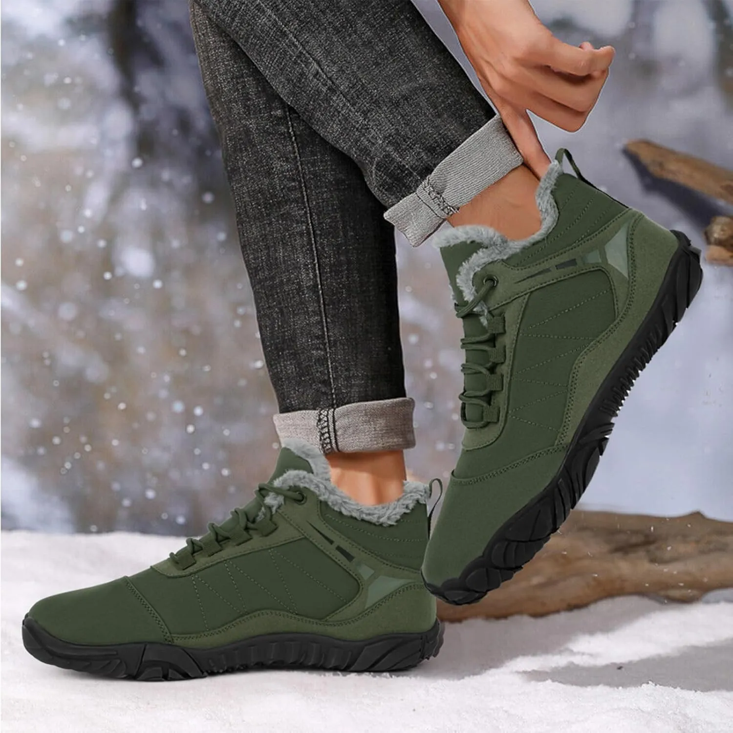 Hike Barefoot Boots Womens Mens Waterproof Fur Lined Winter Barefoot Shoes Minimalist Snow Boots Wide Toe Box Ankle Booties