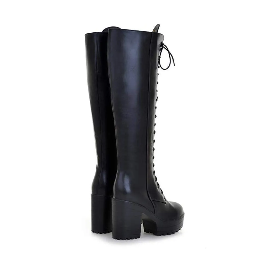HINDOLA Ladies Knee High Laced Boots Women Faux Leather Fashion Platform Block Heels Motorcycle Combat Boots