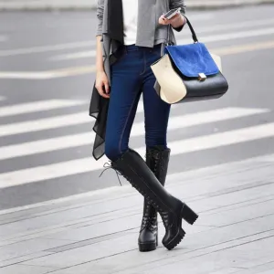 HINDOLA Ladies Knee High Laced Boots Women Faux Leather Fashion Platform Block Heels Motorcycle Combat Boots