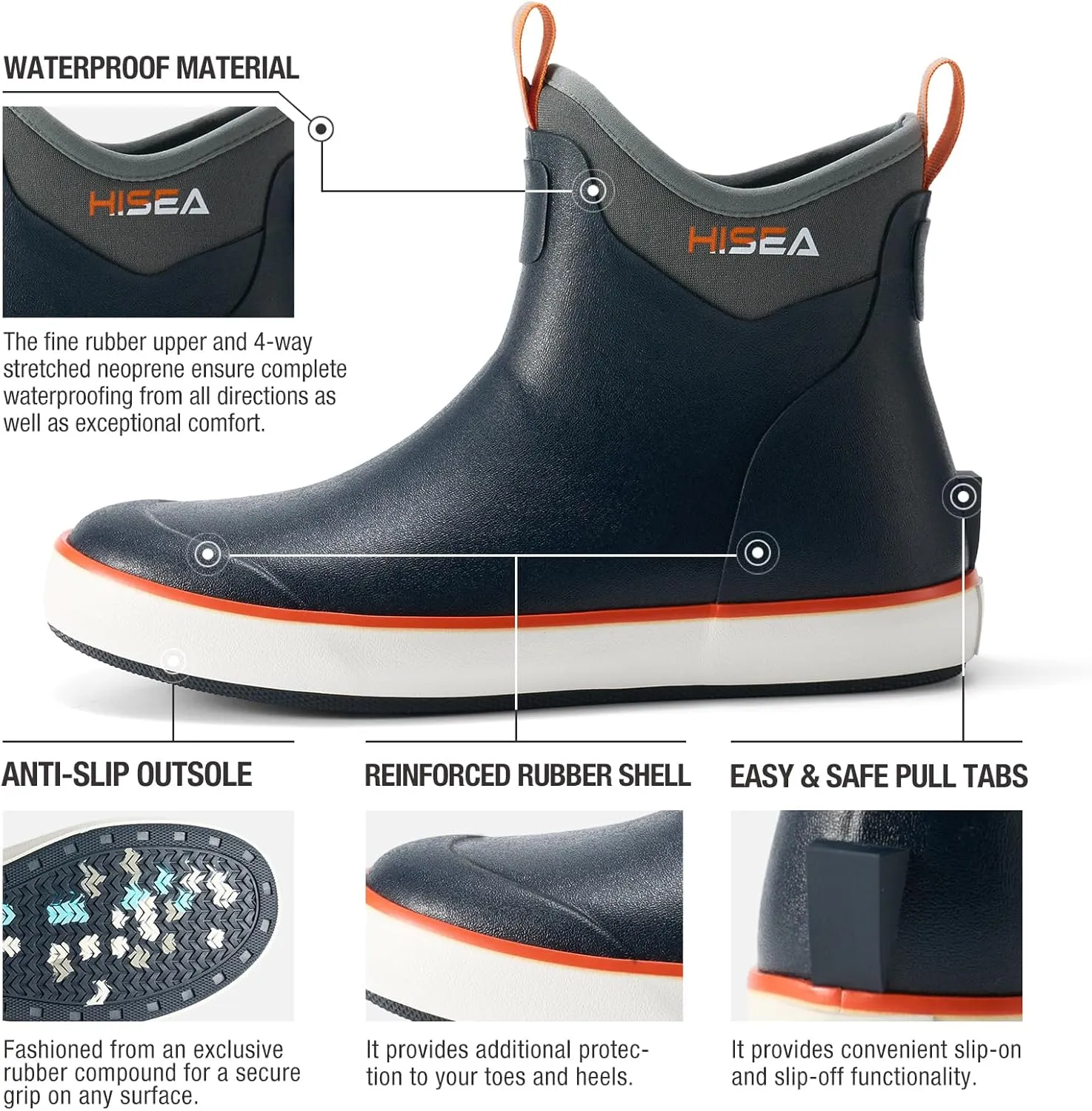 HISEA Men's Deck Boots Waterproof Fishing Rain Boots, Anti-Slip Neoprene Rubber Boots Saltwater Ankle Booties With High Traction for Outdoor Fishing Boating Sailing