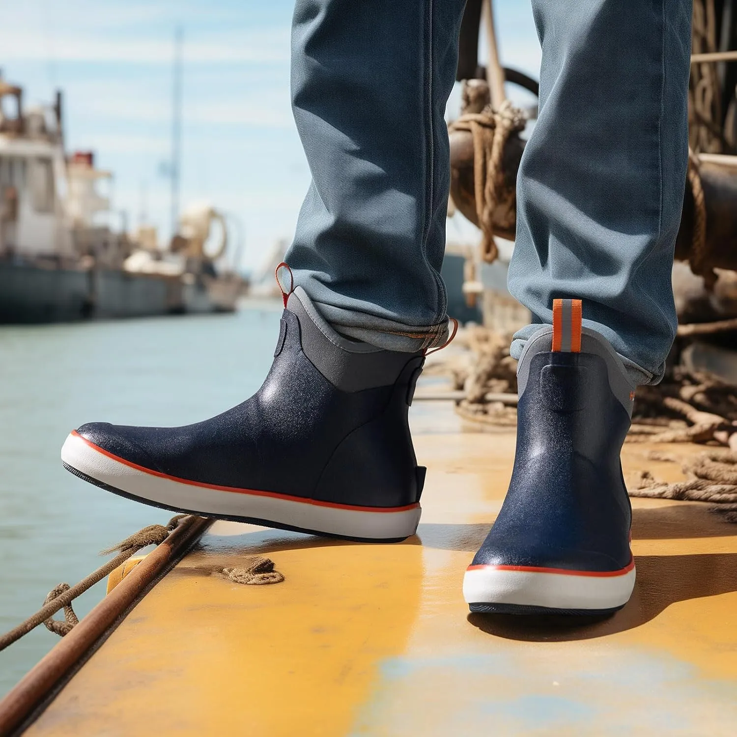 HISEA Men's Deck Boots Waterproof Fishing Rain Boots, Anti-Slip Neoprene Rubber Boots Saltwater Ankle Booties With High Traction for Outdoor Fishing Boating Sailing