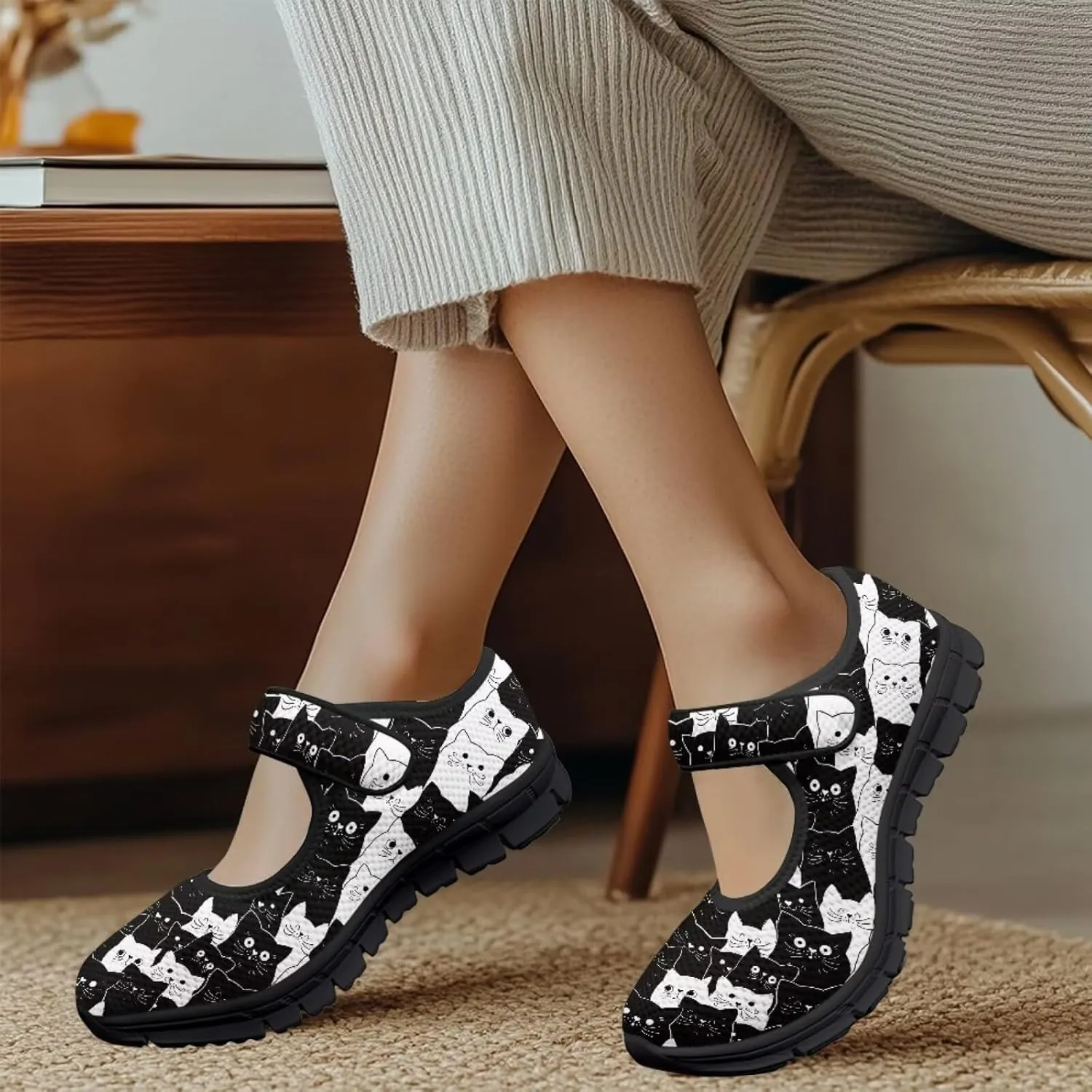 Howilath Cat Print Mary Jane Shoes Women Round Toe Dress Dance Shoes Mesh Casual Flats Shoes with Magic Sticker