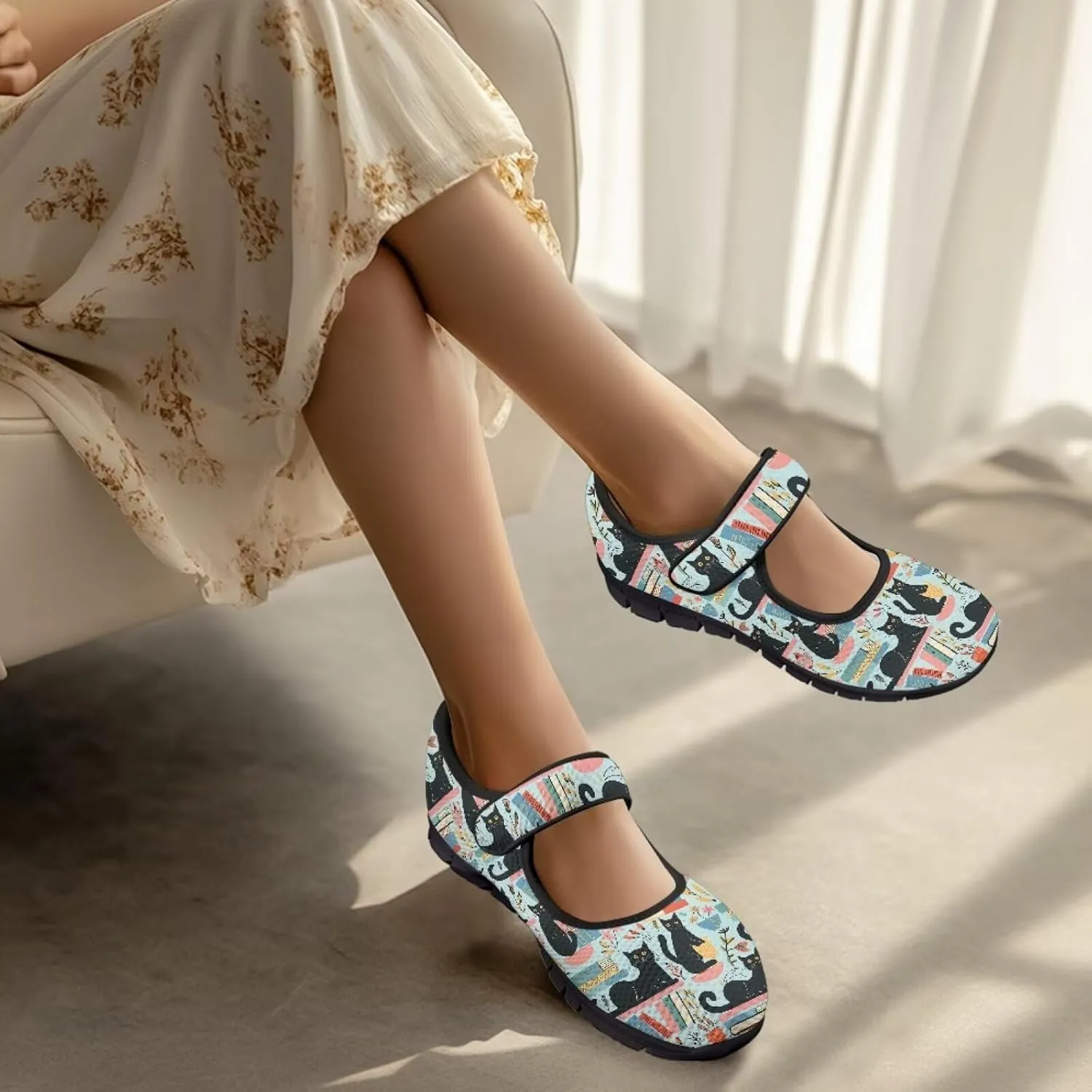 Howilath Cat Print Mary Jane Shoes Women Round Toe Dress Dance Shoes Mesh Casual Flats Shoes with Magic Sticker