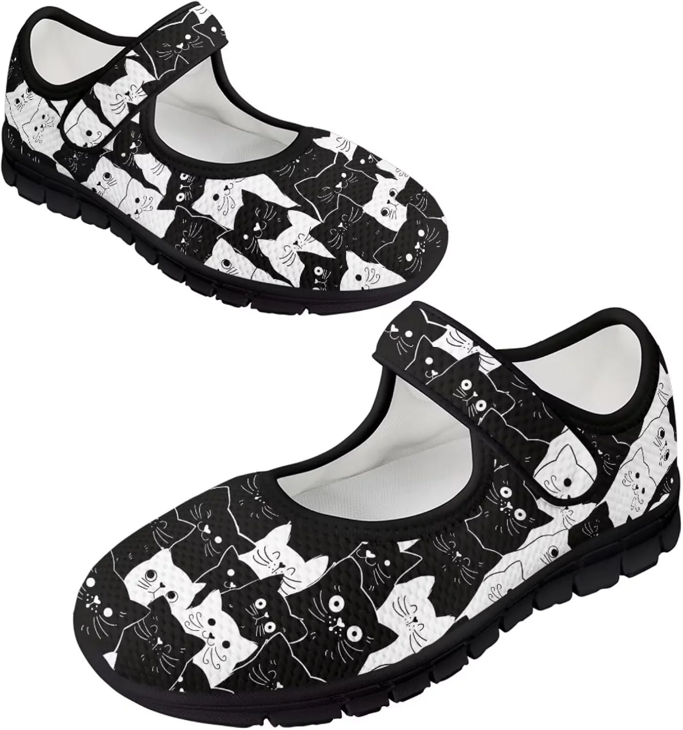 Howilath Cat Print Mary Jane Shoes Women Round Toe Dress Dance Shoes Mesh Casual Flats Shoes with Magic Sticker
