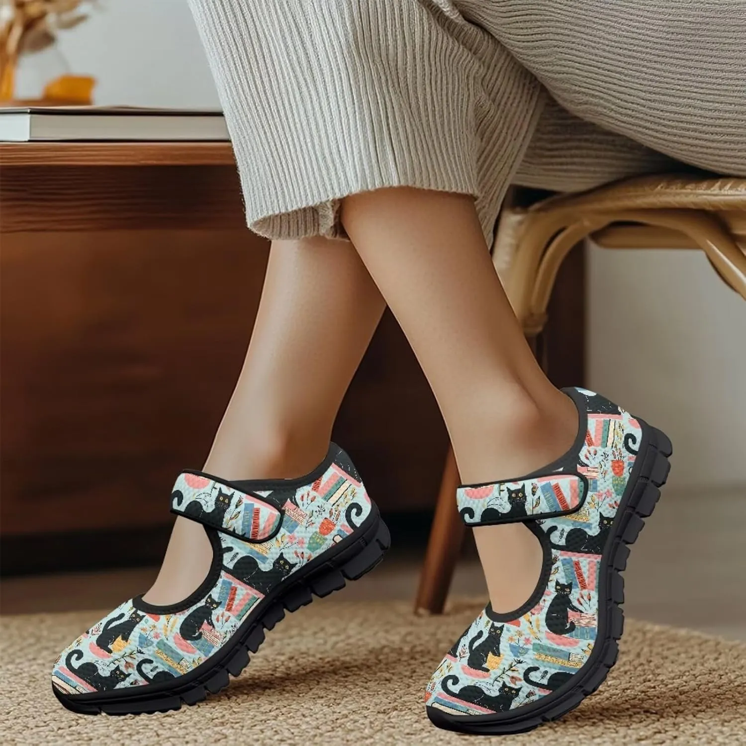 Howilath Cat Print Mary Jane Shoes Women Round Toe Dress Dance Shoes Mesh Casual Flats Shoes with Magic Sticker