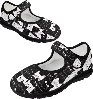Howilath Cat Print Mary Jane Shoes Women Round Toe Dress Dance Shoes Mesh Casual Flats Shoes with Magic Sticker