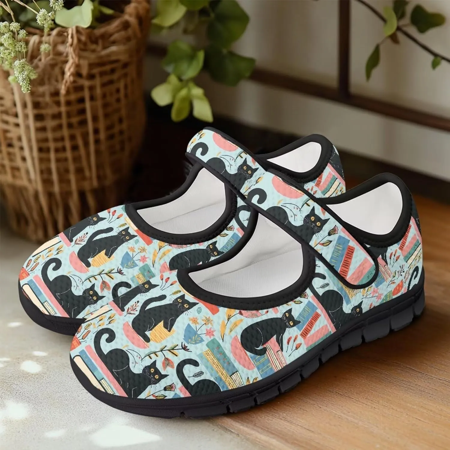 Howilath Cat Print Mary Jane Shoes Women Round Toe Dress Dance Shoes Mesh Casual Flats Shoes with Magic Sticker