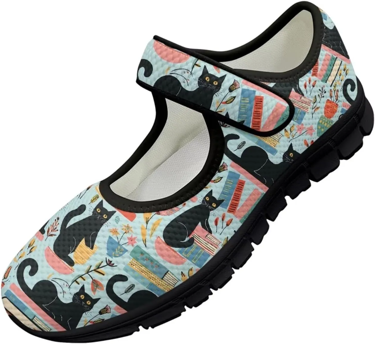 Howilath Cat Print Mary Jane Shoes Women Round Toe Dress Dance Shoes Mesh Casual Flats Shoes with Magic Sticker