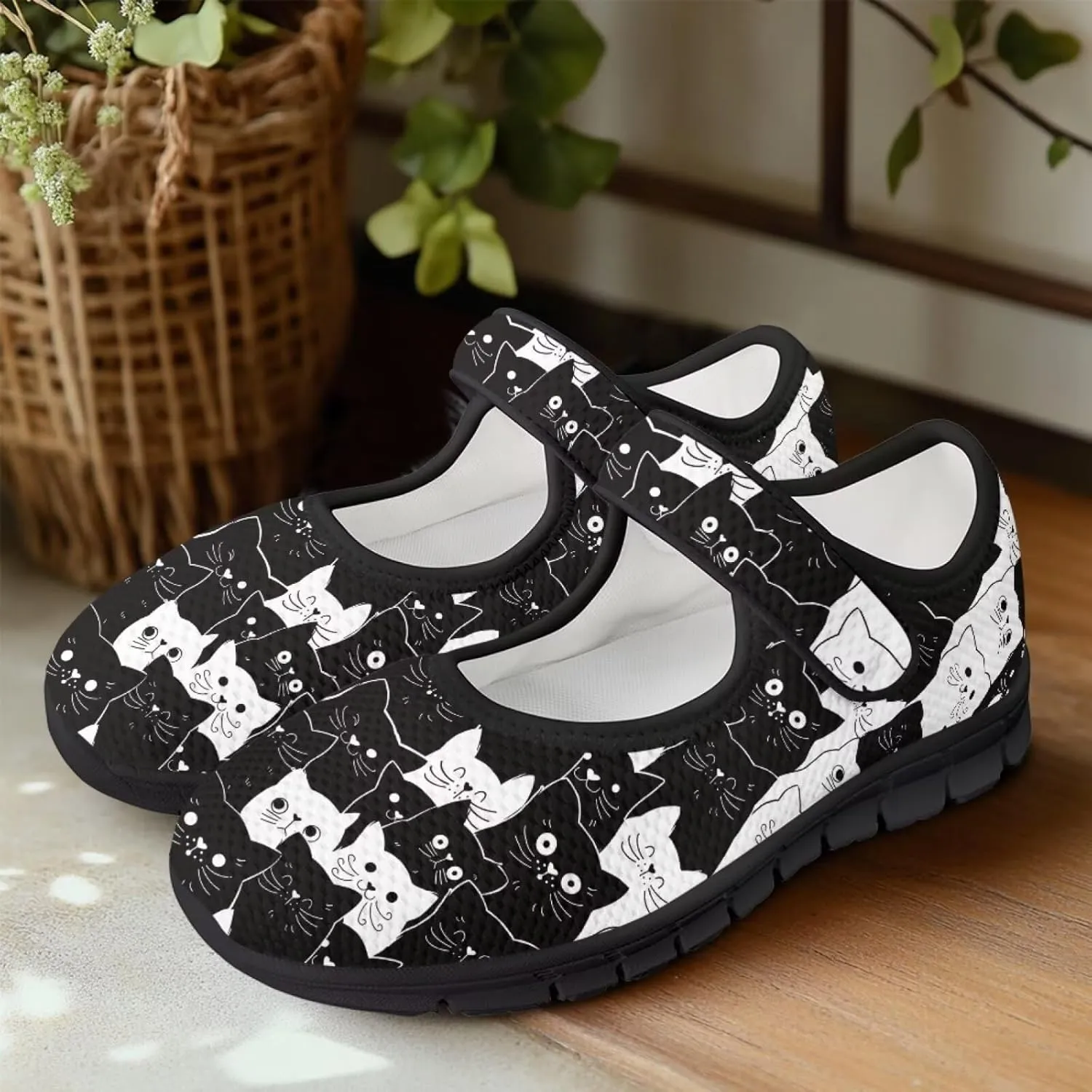 Howilath Cat Print Mary Jane Shoes Women Round Toe Dress Dance Shoes Mesh Casual Flats Shoes with Magic Sticker