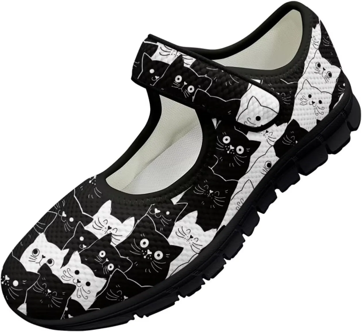 Howilath Cat Print Mary Jane Shoes Women Round Toe Dress Dance Shoes Mesh Casual Flats Shoes with Magic Sticker