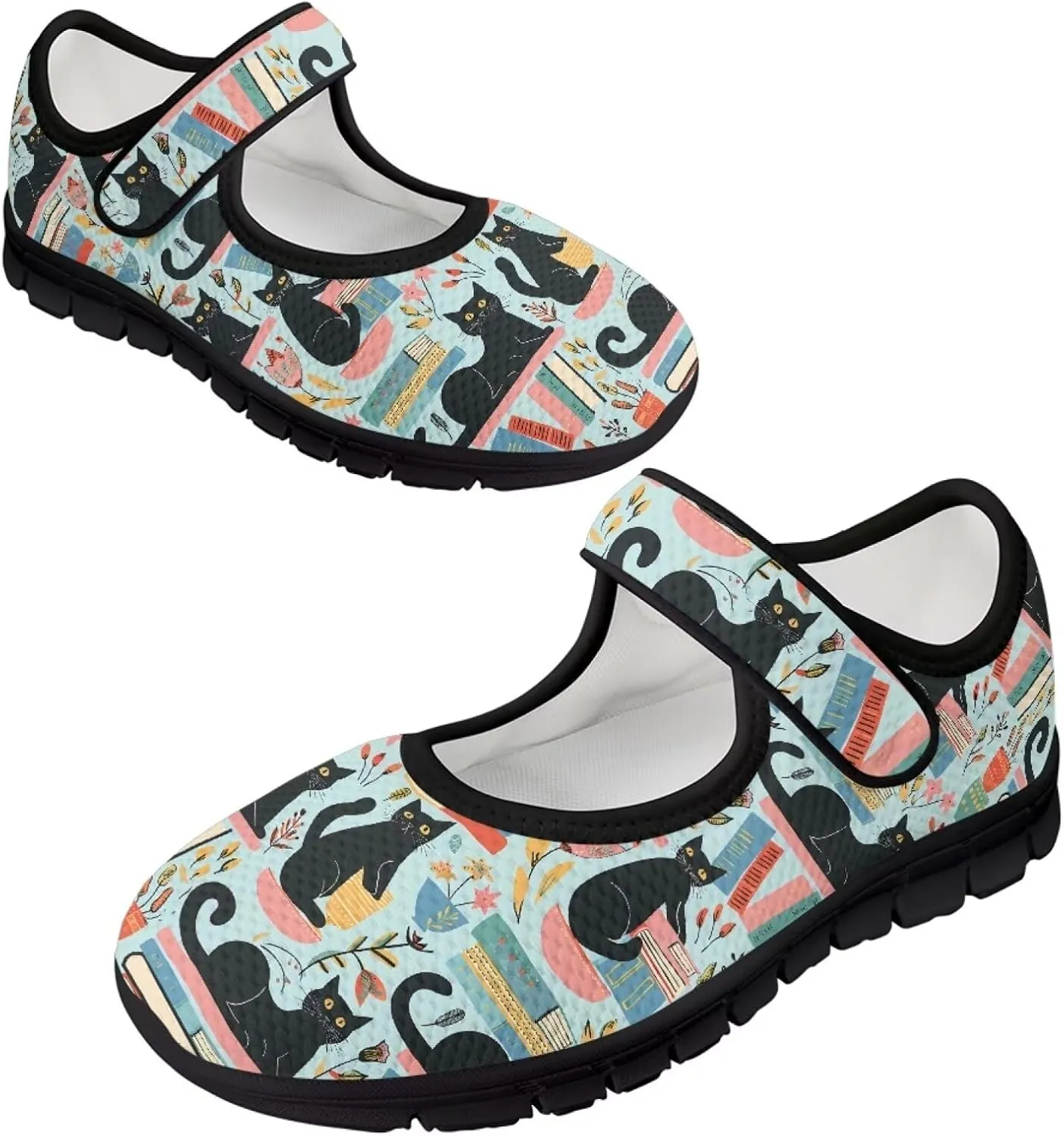 Howilath Cat Print Mary Jane Shoes Women Round Toe Dress Dance Shoes Mesh Casual Flats Shoes with Magic Sticker