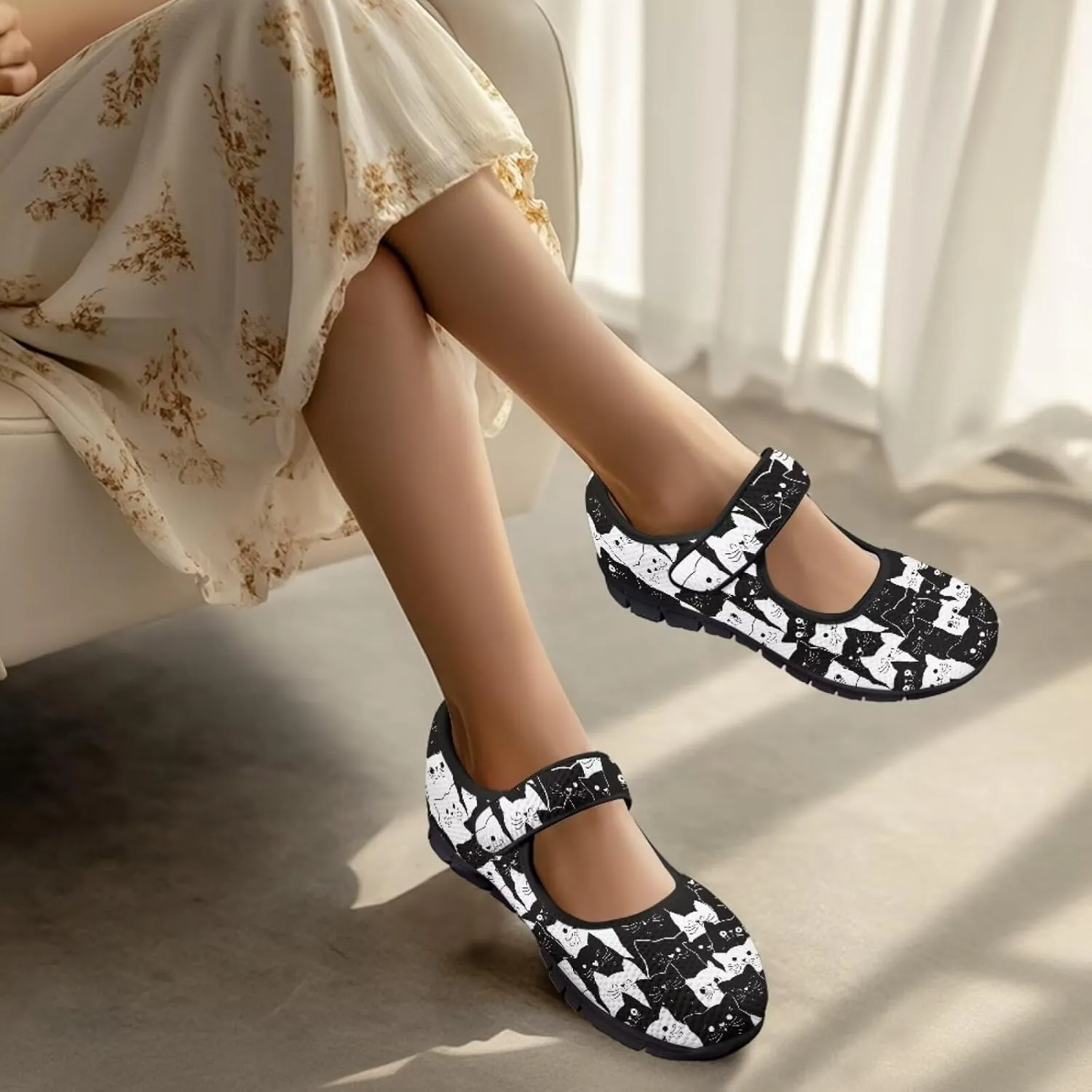 Howilath Cat Print Mary Jane Shoes Women Round Toe Dress Dance Shoes Mesh Casual Flats Shoes with Magic Sticker