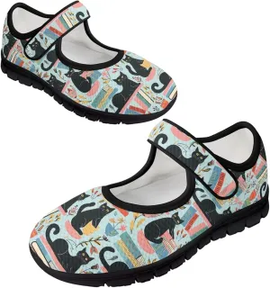 Howilath Cat Print Mary Jane Shoes Women Round Toe Dress Dance Shoes Mesh Casual Flats Shoes with Magic Sticker