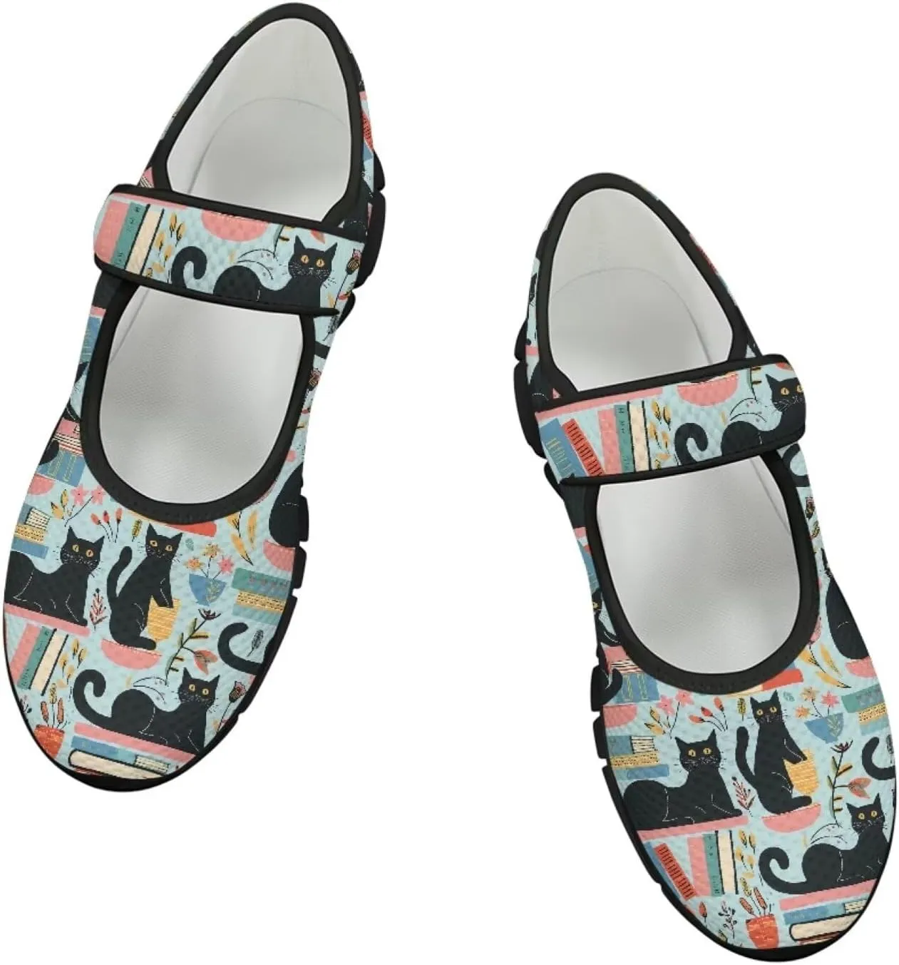 Howilath Cat Print Mary Jane Shoes Women Round Toe Dress Dance Shoes Mesh Casual Flats Shoes with Magic Sticker