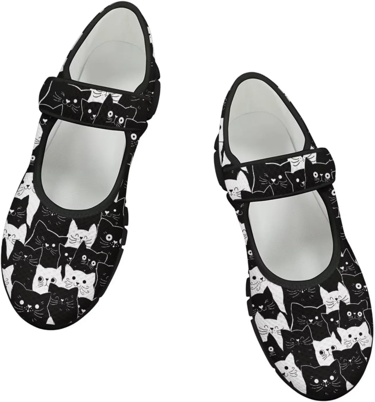 Howilath Cat Print Mary Jane Shoes Women Round Toe Dress Dance Shoes Mesh Casual Flats Shoes with Magic Sticker