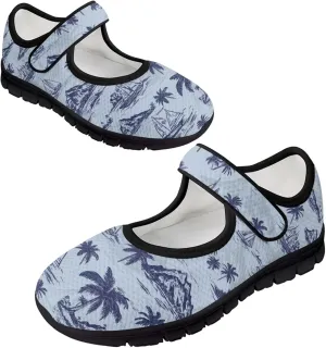 Howilath Hawaiian Tree Print Dress Shoes for Women Mary Jane Sneakers Casual Flats Shoes Ballet Flats Shoes with Magic Sticker
