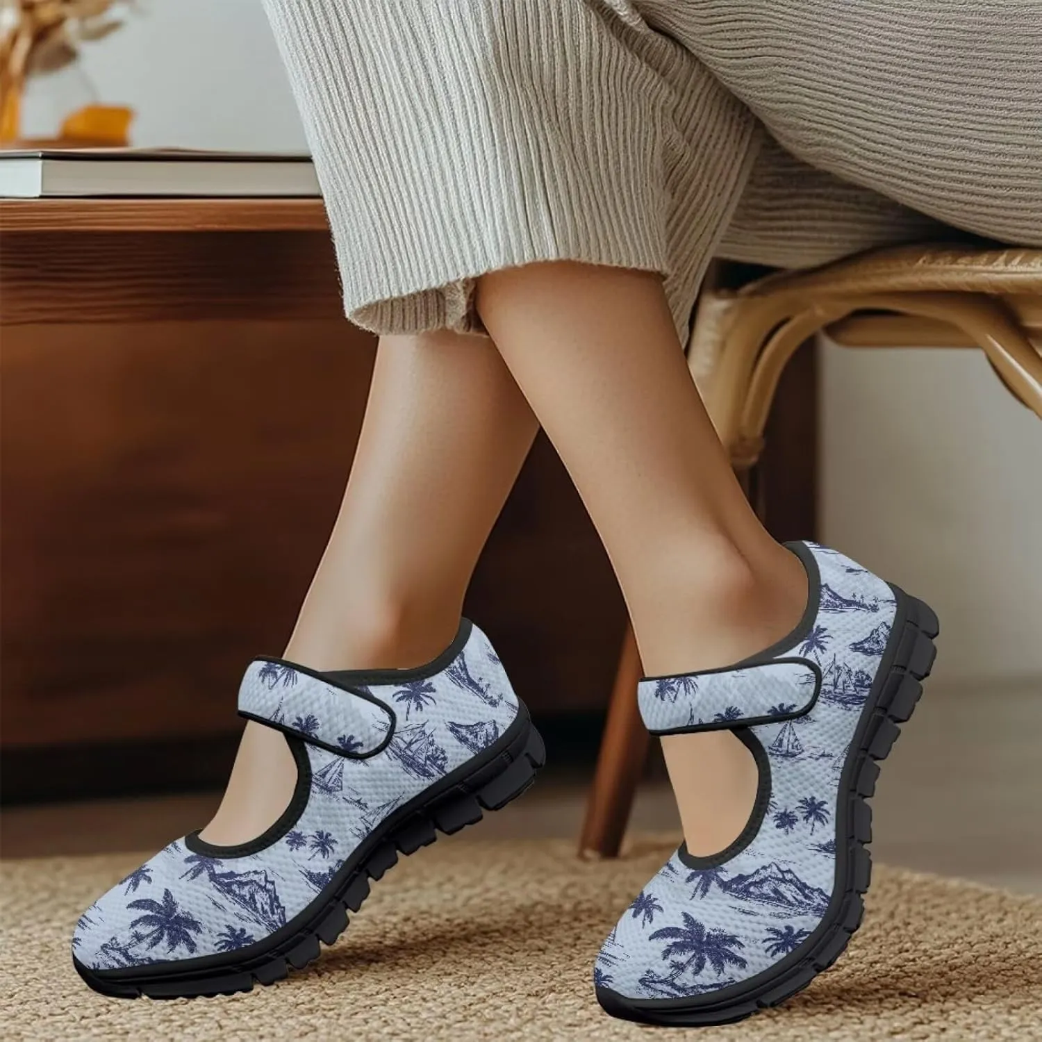 Howilath Hawaiian Tree Print Dress Shoes for Women Mary Jane Sneakers Casual Flats Shoes Ballet Flats Shoes with Magic Sticker